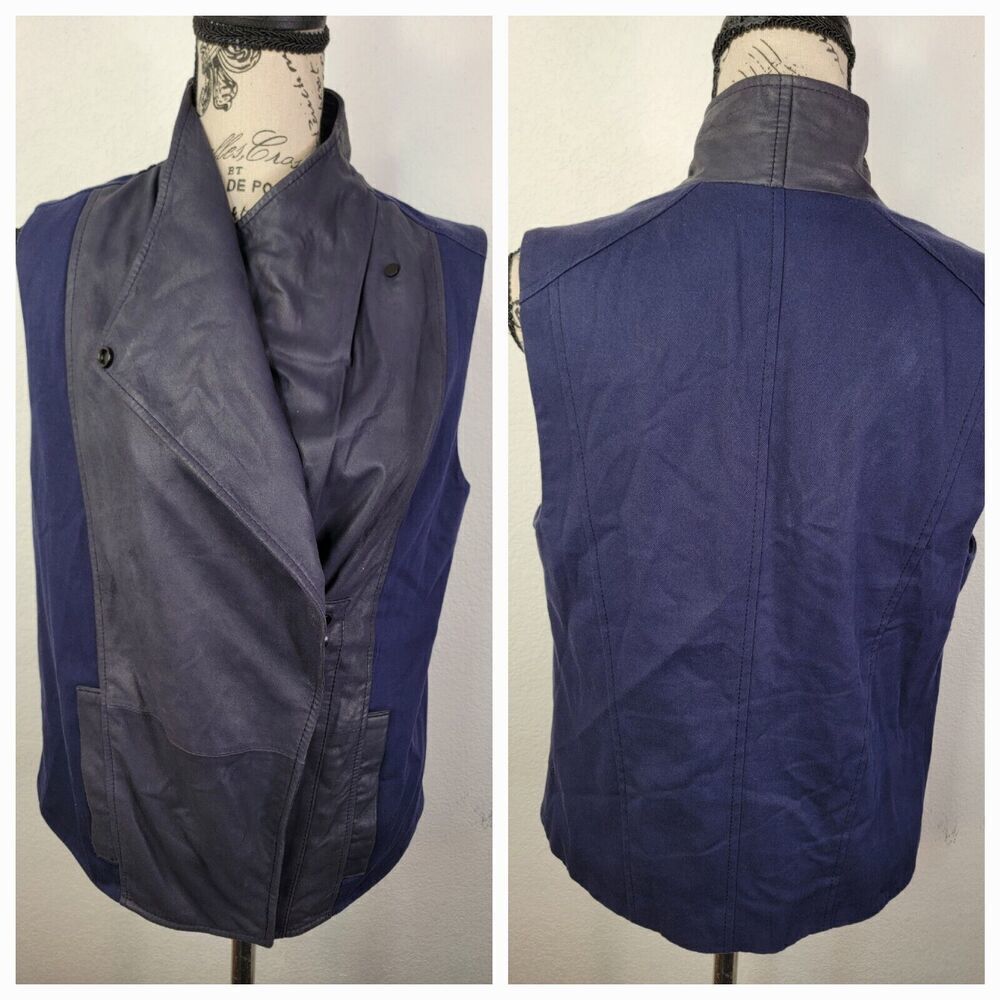 VINCE Moto Jacket Vest Women's Small Blue Goat Leather Contrast Cotton Bikerchic